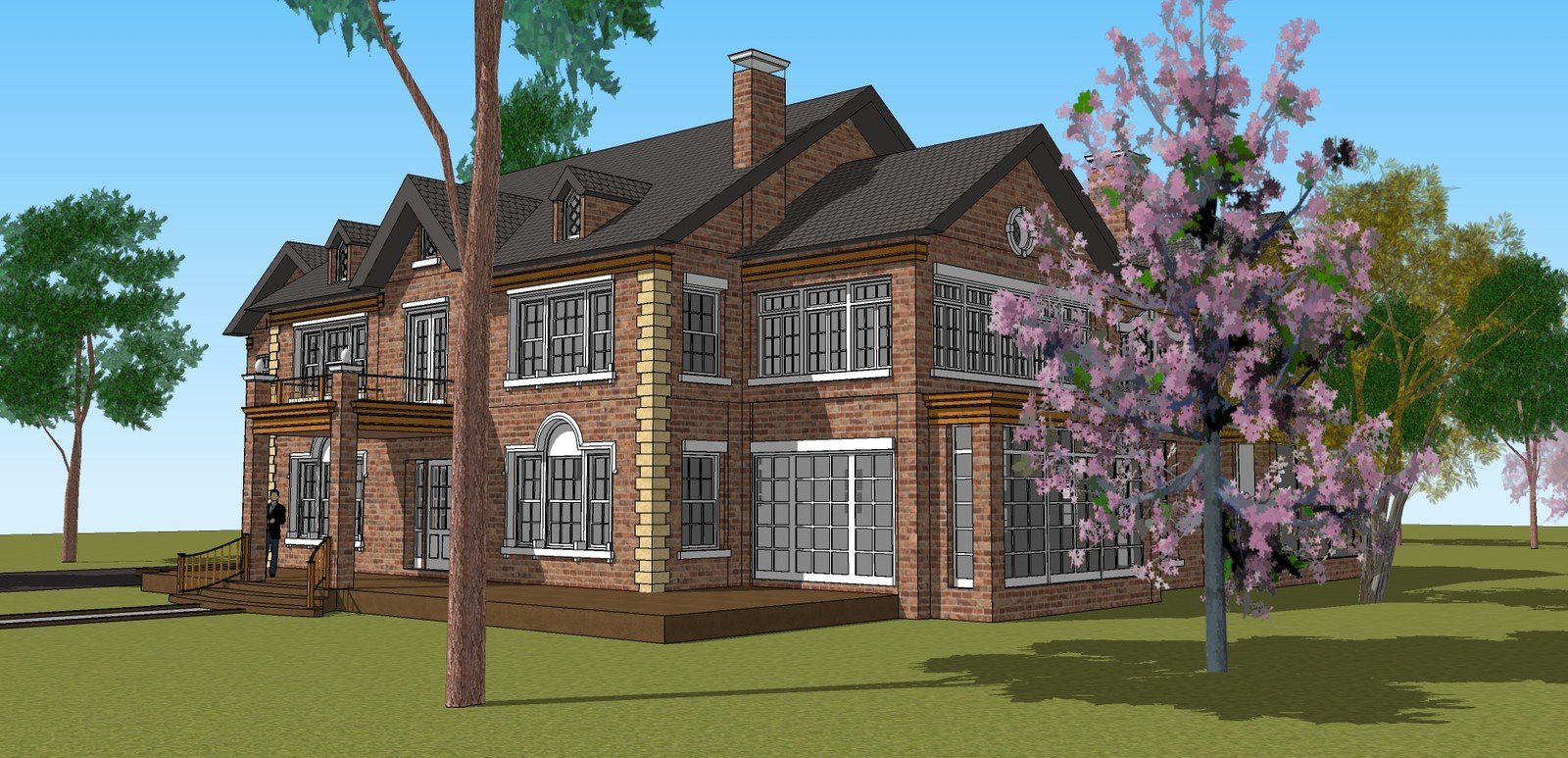 Steele Residence exterior model with brick walls and mature trees