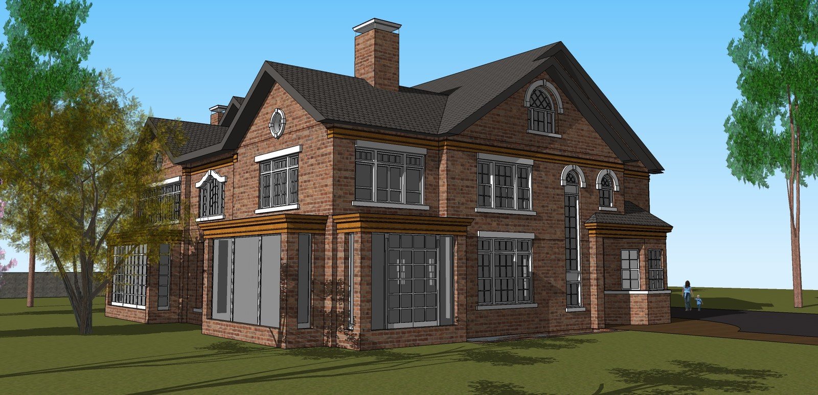 Steele Residence corner view showing roof gables and tall windows