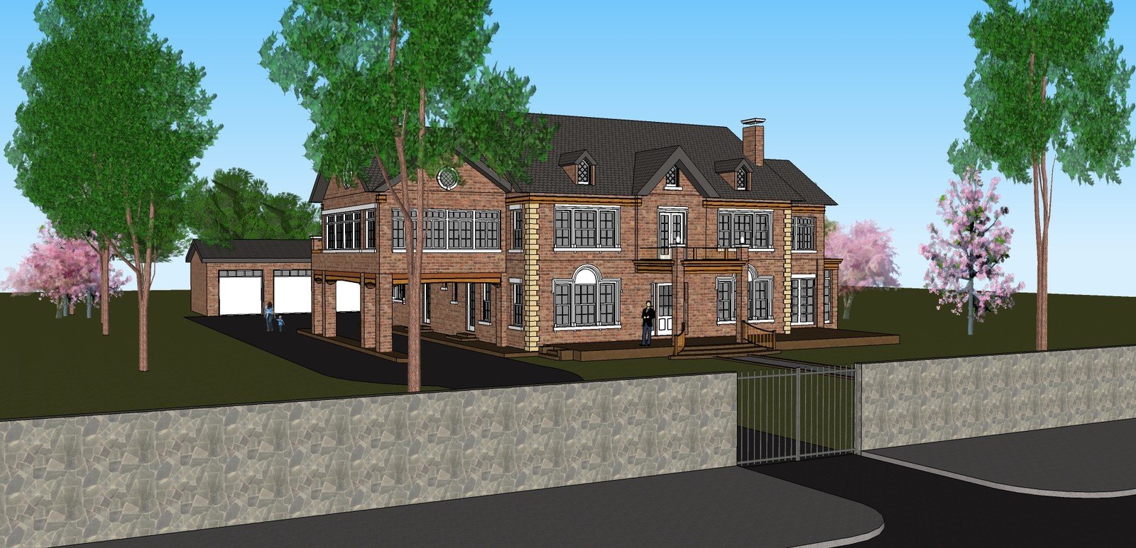 Wide view of Steele Residence behind the boundary wall