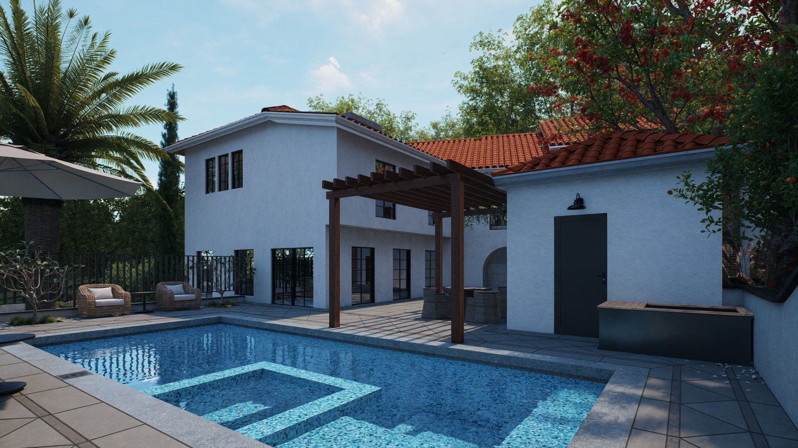 Rendered pool and pergola beside the white residence
