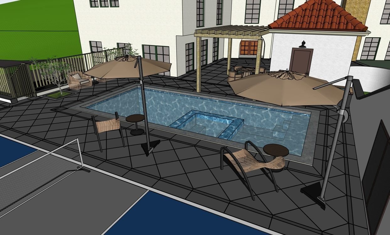 SketchUp pool model with terrace furniture and glass fencing
