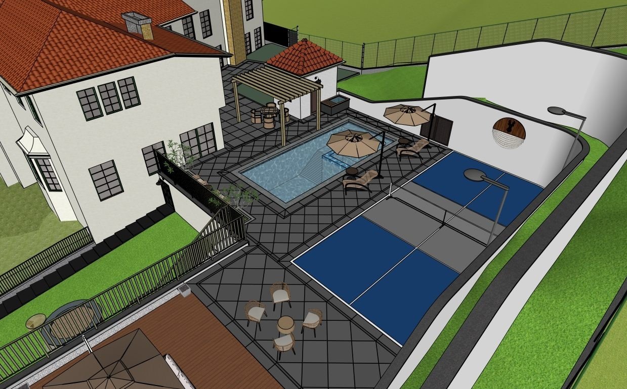Angled aerial SketchUp view of the house and pool enclosure